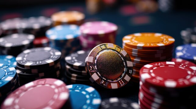 Many poker chips on the table with a black background