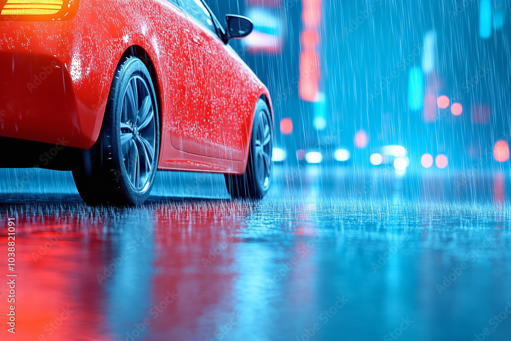 Wall mural a red car parked on a rainy city street at night reflecting colorful lights from neon signs