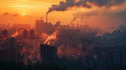 Fototapeta premium An urban landscape filled with smog and pollution, showcasing the damaging effects of climate change on cities