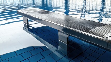 Obraz premium A swimming starting block with anti-slip surface, indoor setting with pool reflections, Dynamic style