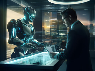 Man Interacting with a Robot in a Futuristic Industrial Setting, AI Human Interacting Futuristic Business Concept 