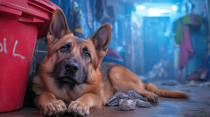 A German shepherd rests on the ground near a red trash bin in a cluttered urban space