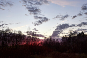 Purple sky at dusk, country landscape in fall