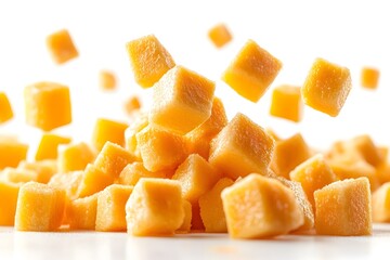 Isolated Falling Mango Cubes on White Background with Full Depth of Field