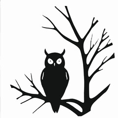 Fototapeta premium A black owl perched on a bare tree branch against a full moon in a dark night sky 