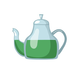 Glass teapot with herbal green tea. Tea party and tea time. Hot healthy drink. Illustration, tea time icon for cafe and restaurant menu design, isolated background.