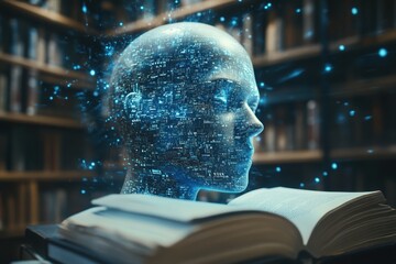 3D holographic head emerging from an open book in a library filled with knowledge at night