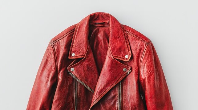 A vibrant red leather jacket with a classic biker design, showcasing zippers and a textured finish, hanging against a neutral background.