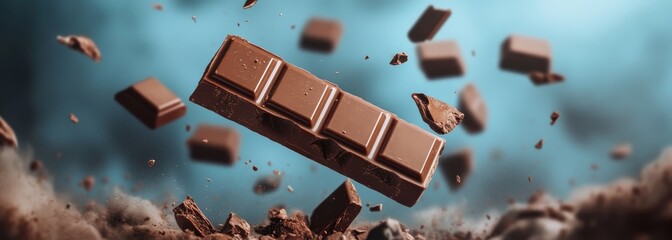 Broken chocolate bar floating composition background