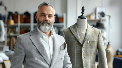 Confident Caucasian Man Fashion Designer in Tailoring Studio with Elegant Suit. Concept of Creativity, Men's Fashion, Tailoring Excellence, Style Inspiration, Small family sewing business. Copy space