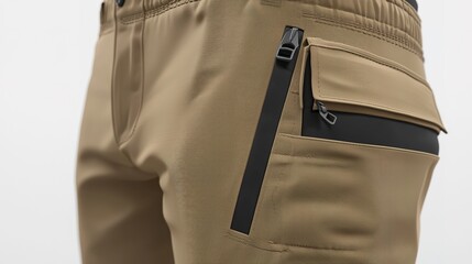 A close-up of stylish beige cargo pants featuring a textured design and a functional zippered pocket.