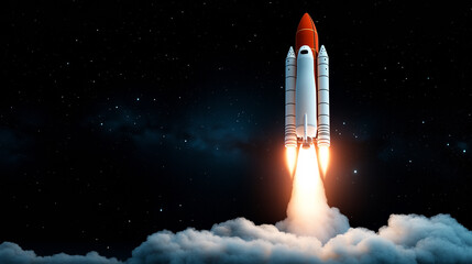 A rocket launches into space, leaving a trail of smoke against a starry night sky