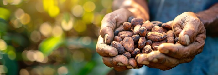 Obraz premium Hands of Man Holding Freshly Harvested Cacao Beans in a Sunlit Plantation. Concept of Organic Farming, Sustainable Agriculture, Nature's Bounty, cocoa production. Background, Banner. Copy space