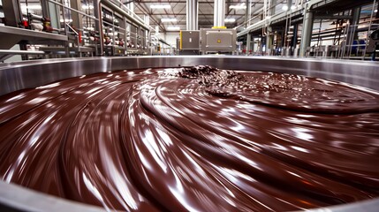 Large Vat of Liquid Chocolate Being Stirred in a Factory. Concept of Chocolate Production, Industrial Process, Food Manufacturing, Sweet Indulgence