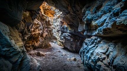 Fototapeta premium Scenic Cave Passageway with Jagged Rocks Illuminated by Sunlight. Concept of Natural Wonders, Adventure Exploration, and Geological Formations