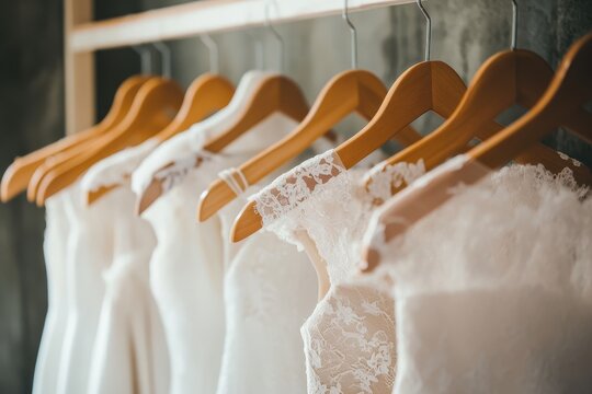 Bridal gowns displayed on hangers in a loft store with a white backdrop