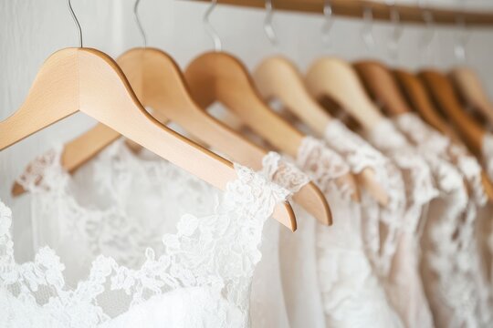 Bridal gowns displayed on hangers in a loft shop with a white backdrop