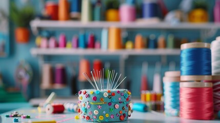 Fototapeta premium Close-up of a colorful pincushion with needles and buttons in a vibrant sewing studio. Concept of sewing tools, creativity, fashion design, and craftsmanship. Copy space