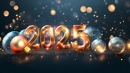 Naklejka premium Abstract Holiday Christmas Light Banner with Golden 2025 Numbers and Transparent Balls