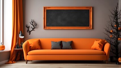 Modern minimalist wall art mockup of orange luxury living room for Halloween, blank frame for wall art mockup of sofa living room, Halloween and Christmas spooky scary vibes of the room interior desig