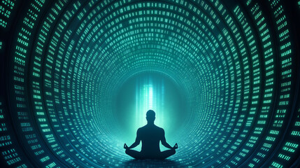 Meditating figure in a digital tunnel of light showcasing inner peace and mindfulness