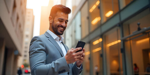 Attractive Latin businessman text messaging through mobile phone against colored, business building background