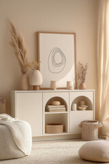 stylish and modern interior featuring light colored cabinet with curved openings, adorned with minimalist decor items like vases and framed abstract artwork. warm tones and soft textures create cozy