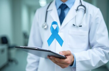 Medical Professional with Blue Ribbon and 'Prostate Cancer Awareness' Clipboard – Clinical Setting for Health Care and Prevention