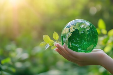 Glass globe ball with recycle concept in female hand