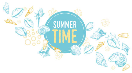 Vintage Summer Time Banner design template. Retro hand drawn sketch seashells. Best for travel, vacation, party and sales designs.