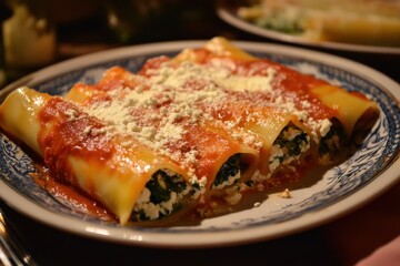 Cannelloni stuffed with ricotta and spinach plated