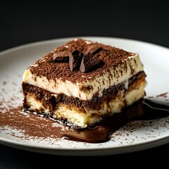 Tiramisu dessert with chocolate garnish on a plate.