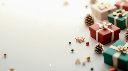 Obraz premium Festive Christmas gift boxes adorned with ribbons and pinecones on a soft white background, creating a warm holiday atmosphere.