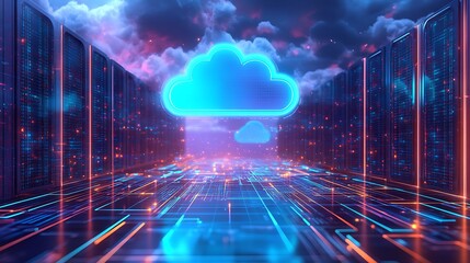 Fototapeta premium Futuristic Cloud Computing Network Servers. Digital illustration of cloud computing infrastructure with vibrant blue neon lights and futuristic data servers.