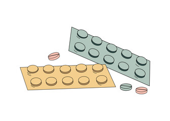 Set of medical preparations. Packages with tablets. Vitamins, medicines. Medicine, pharmacology, treatment. Vector illustration, isolated background