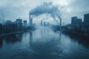 Naklejka premium Urban skyline shrouded in fog with smoke billowing from industrial buildings by a river
