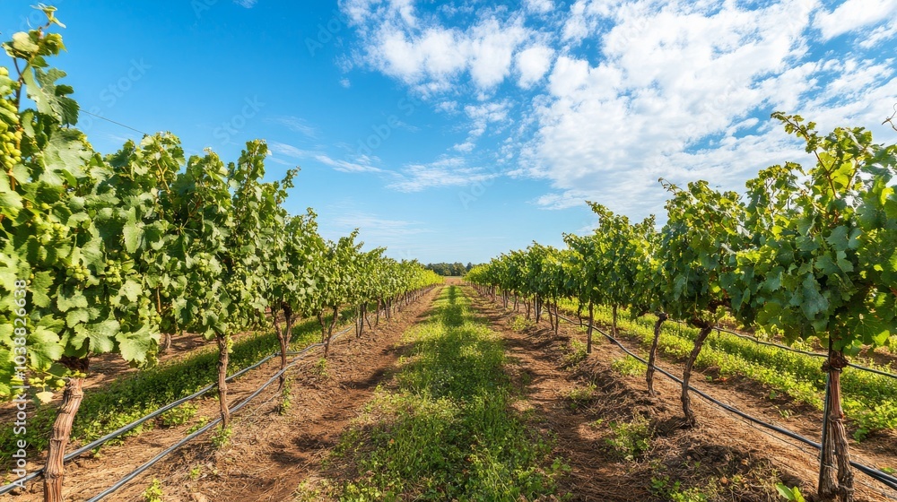 Poster An expansive vineyard with rows of grapevines stretching under a blue sky, Harvesting tools and crates ready for grape picking, Winemaking tradition style
