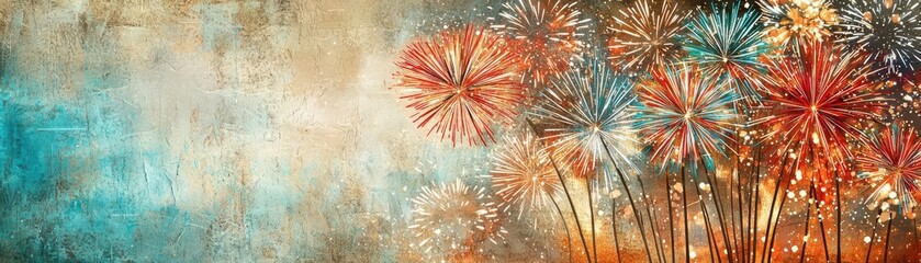 Fototapeta premium New Year 2025, radiant fireworks shining in the night sky, marking the beginning of a new year, flat design illustration