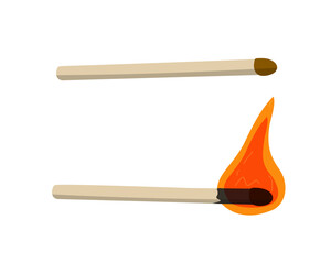 Matches, making fire. Burning match, flame. Vector graphics, flat design. White isolated background.	
