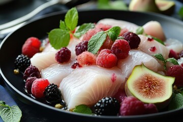 Ceviche of white fish features summer fruits like fig raspberry blackberry lychee and grapes