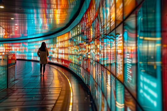 Digital Journey Woman Explores a Glowing Vortex of Technology, Data, and Information. - Powered by Adobe
