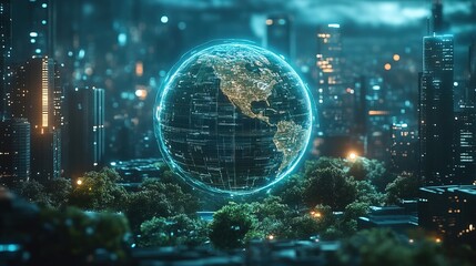 Obraz premium Holographic data visualizations of sustainable investments and green energy 