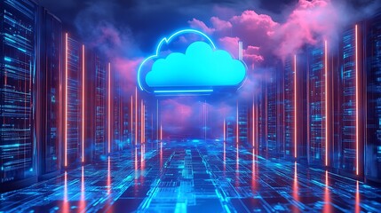 Futuristic Cloud Computing Network Servers. Digital illustration of cloud computing infrastructure with vibrant blue neon lights and futuristic data servers.