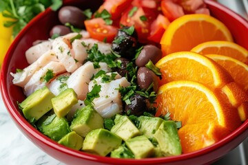 Ceviche with seafood olives orange avocado and tomatoes in a red dish