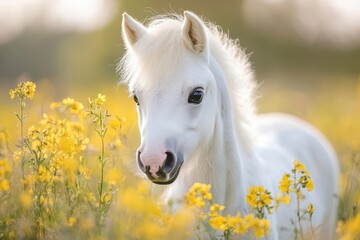 Charming portrait of a small white Welsh mountain pony surrounded by yellow flowers
