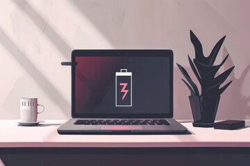 Laptop is on a desk with a plant next to it. The screen shows that the laptop is low on battery