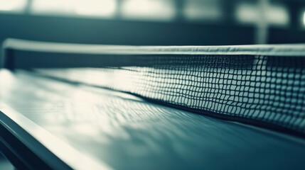 A table tennis table's net and surface with textured details and ball scuff marks, indoor setting with bright overhead lighting, Crisp style