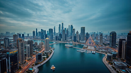 Fototapeta premium Stunning aerial view of Dubai's futuristic skyline at dusk, showcasing towering skyscrapers, illuminated streets, and a winding waterway with luxury yachts and boats