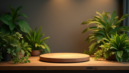 Wooden table features a podium mockup surrounded by illuminated plants.