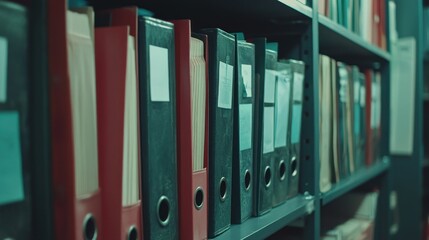 A close-up of organized file folders on a shelf, suggesting a workspace or archive.